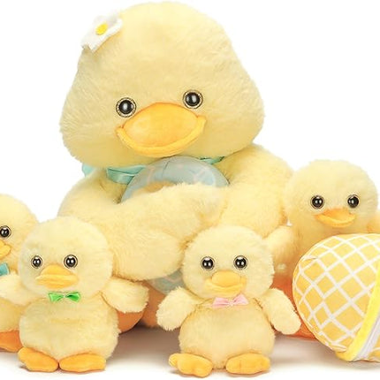 IKASA Mommy Duck Stuffed Animal Mom and Baby Plush Toy, Cute 13.5 inches Soft Small Mama Family Set Cuddly Toy with Little Mini Babies,Gifts for Kids