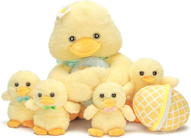 IKASA Mommy Duck Stuffed Animal Mom and Baby Plush Toy, Cute 13.5 inches Soft Small Mama Family Set Cuddly Toy with Little Mini Babies,Gifts for Kids