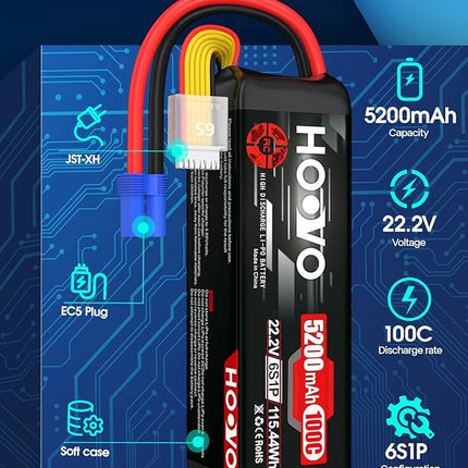 HOOVO 6S Lipo Battery 22.2V 100C 5200mAh with EC5 Connector for RC Car Truck Truggy Buggy Tank RC Airplane Helicopter Boat Car Racing Vehicle(2 Pack)