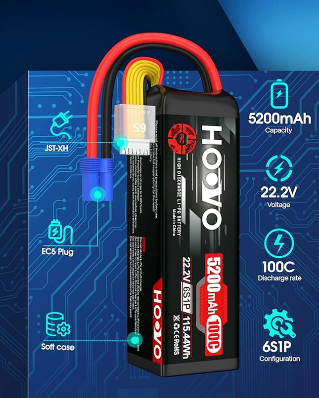 HOOVO 6S Lipo Battery 22.2V 100C 5200mAh with EC5 Connector for RC Car Truck Truggy Buggy Tank RC Airplane Helicopter Boat Car Racing Vehicle(2 Pack)