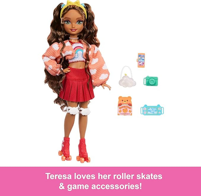 Barbie Dream Besties Doll and Accessories, Teresa Posable Roller Skating Fashion Doll with Brown Hair, 9Video Game Themed Pieces