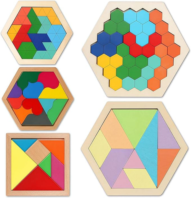 Skrtuan 5 Pack Wooden Puzzles Set - STEM Montessori Educational Board Games and Logic Traning Brain Teaser Geometric Shapes Tangram Puzzle Games for Kids Ages 3+