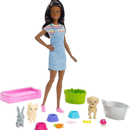 Barbie Play ‘n’ Wash Pets Playset with Brunette Doll, 3 Color-Change Animals (a Puppy, Kitten and Bunny) and 10 Pet and Grooming Accessories, Gift for 3 to 7 Year Olds