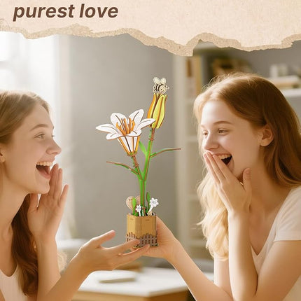 KAAYEE Wooden 3D Flower Puzzles for Adults-WhiteLily, Wooden Flowers Model Kit Set DIY Crafts to Build, Mother's Day/Botanical Collection/Ideal Creative Gift Ideas/Housewarming