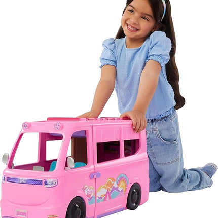 Barbie Dream Camper New for 2025 Playset with Roof Tent, Swing Chair, Fishing Pond, BBQ Grill with Color-Change Feature & 60+ Accessories Including Dough