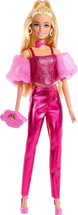 Barbie Deluxe Style Doll #5 in Metallic Pink Outfit, Blonde Hair, Sparkly Corset Top and Shiny Pants with Accessories Like Rose Necklace and Handbag