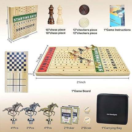 Horse Race Board Game Metal Horses, 4-in-1 Foldable Horse Racing Game with Cards and Dice, Horse Racing Board Game of Thickened Solid Wood, Horse Race Game Board Adult for Parties Outdoor Travel