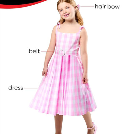 Rubies Barbie Perfect Day Cute Costume Dress in Pink from the Barbie Movie, with Belt and Hair Bow For Kids Girls