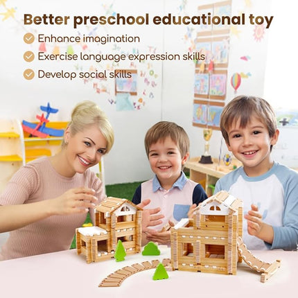 Jovi-mindly＆Notchies 96 PCS Wooden Blocks Wooden Toys with Storage Bag, Preschool Learning Toys Wood Blocks Building for Kids Ages 4-8 Creative Construction Game,FSC Certified,Halloween Gifts