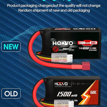 HOOVO 2S 7.4V 1500mAh 60C RC Lipo Battery Pack with T Connector for RC Boat Truck RC Helicopter Airplane Quadcopter UAV Drone FPV Racing Hobby Models(2 Packs)