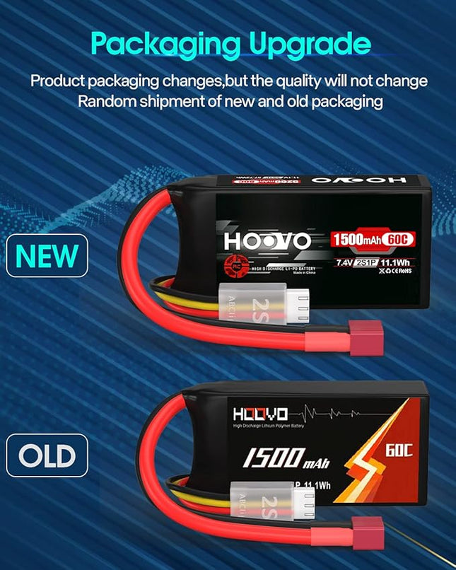 HOOVO 2S 7.4V 1500mAh 60C RC Lipo Battery Pack with T Connector for RC Boat Truck RC Helicopter Airplane Quadcopter UAV Drone FPV Racing Hobby Models(2 Packs)