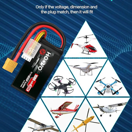 HOOVO 3S 120C 11.1V 1500mAh LiPo Battery with XT60 Plug for FPV Racing RC Quadcopter Helicopter Airplane Multi-Motor Hobby DIY Parts (2 Pack)
