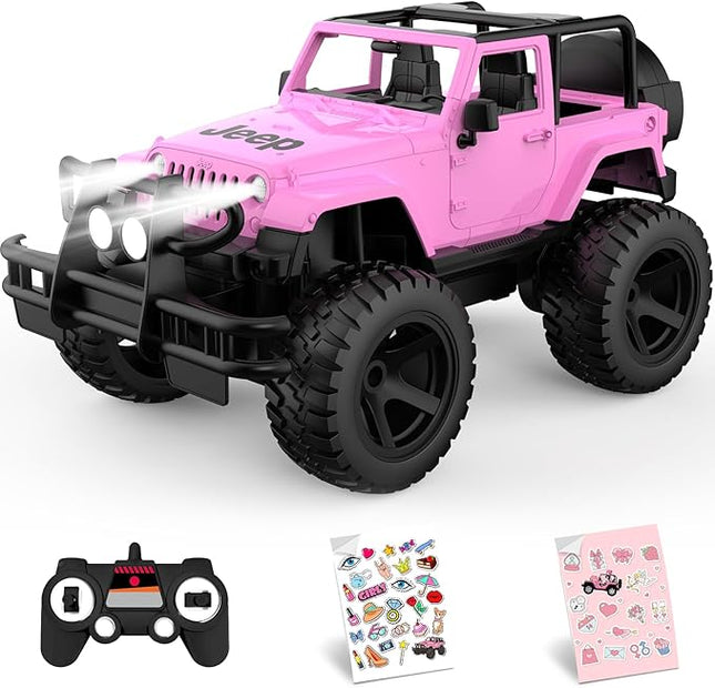 DOUBLE E Jeep Licensed 1:14 Scale Pink Remote Control Car for Girls with 2*DIY Stickers, Open-top Design RC Jeep, 80Min Play 2.4Ghz Off Road RC Trucks with LED Lights, Birthday/Xmas Gifts for Girls 6+