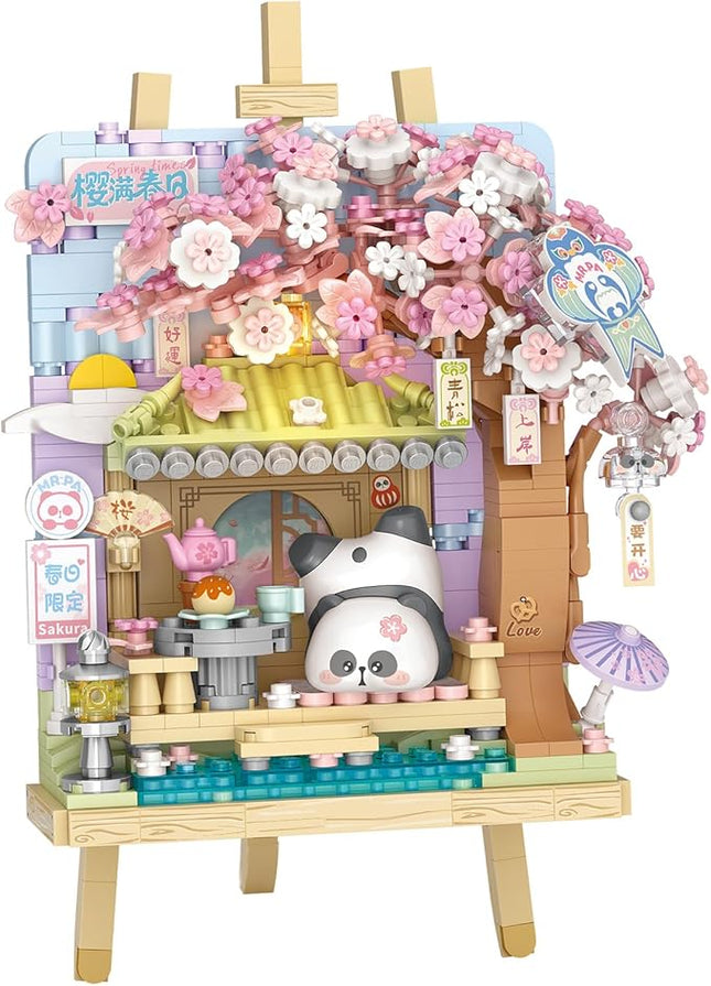 MEIEST Panda Mini Building Blocks Cute 3D Painting Model Set,Creative 4 Seasons' Views Collection Construction Building Bricks Toy,Home Decor (Spring-Cherry Blossom)