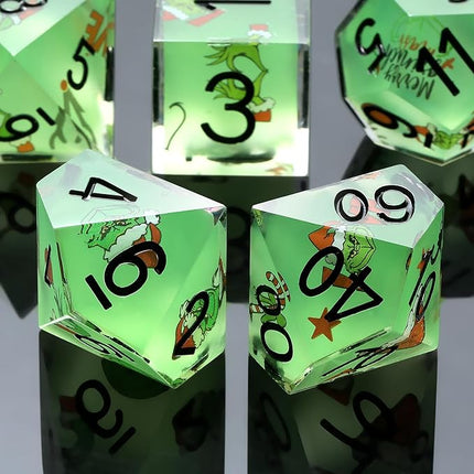 DNDND Full 7 Piece Sharp Edge Dice Set with Carton Stickers for Dungeons and Dragons D&D Table Games (Green with Carton)