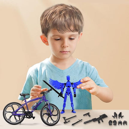 (Assembly Completed) T13 Action Figures, 6.3 Inch Big Dummy 13 Mountain Die-cast Mini Bike Model with Multi-Jointed Movable Lucky 13 Robot Toys Set(Blue)