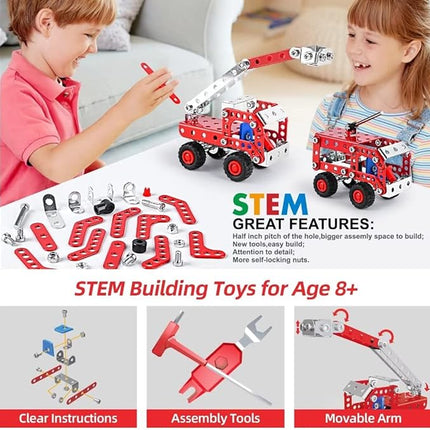 Stem Building Toys for Boys Age 8-12,Creative Sets Fire Trucks Series Model Kit,Assembly Toys for Kids,Metal Building Blocks for Model 4 in 1 Fire Fighting Cars(121PCS)
