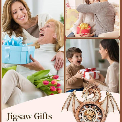 Rnfinewow 3D Wooden Puzzles for Adults, 3D Puzzle Dragon Clock Kit (with Pendulum), 3D Puzzles for Adults Home Decor Clock Crafts for Adult Christmas Day Puzzle Gifts for Men Women
