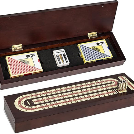 Cribbage Board Game Set, Premium Wooden Board with Magnetic Lock and Metal Pegs, 2 Playing Cards, and Large Storage - Travel-Friendly Continuous 3 Track Board
