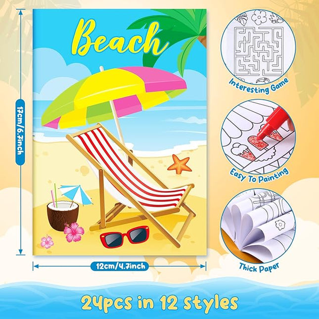BenLouis 24 Pcs Summer Mini Coloring Books Kids Pool Beach Party Favors Small Activity Books Bulk for Kids Summer Hawaii Birthday Goodie Bags Stuffers Return Gifts Classroom Travel