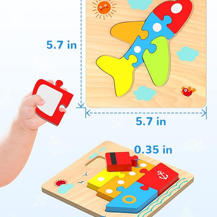 Yetonamr Wooden Toddler Puzzles Gifts Toys for Boys Girls, 4 Vehicle Shape Montessori Toy Educational Blocks Kids Toys Gift Baby Learning Toy