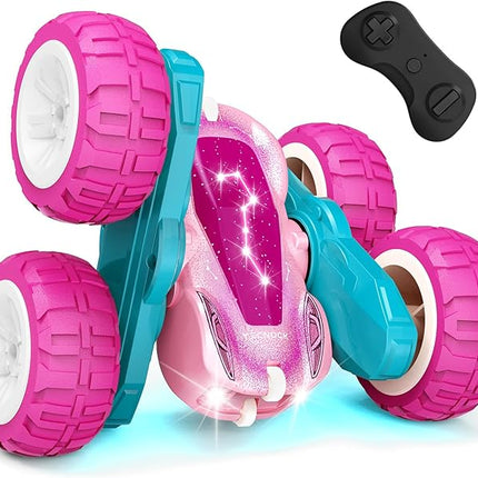 Tecnock Pink Remote Control Car for Girls and Boys, 2.4GHz RC Cars with USB-C Easy Charging, 4WD Double Sided 360° Rotates and Flips RC Stunt Car, Toys Gift for Kids Ages 6-8, 8-12