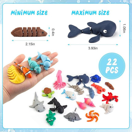 22PCS 3D Printed Sea Animals Toys, 3D Printed Mini Ocean Animals Articulating Flexible Fidget Toys, Cute Animal Figurines Toys Birthday Office Desktop Home Decoration