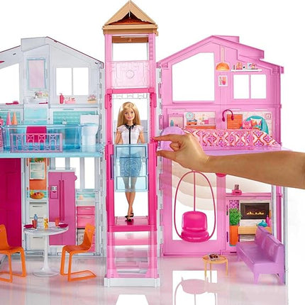 Barbie 3-Story Townhouse Dollhouse with Elevator, Swing Chair, Furniture and Accessories, Fold for Portability and Travel (Amazon Exclusive)