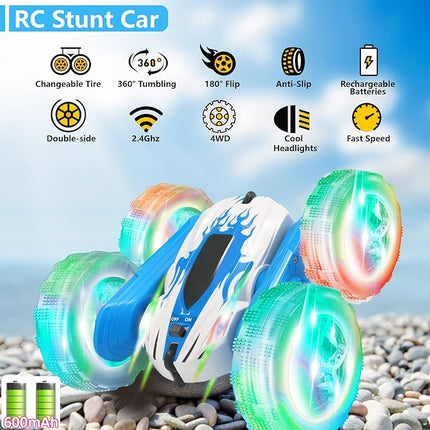 FREE TO FLY Remote Control Car For Boys: Kids RC Stunt Cars Toy with Headlights & WheelLights Double-Sided Driving 360°Flip Rotating Car Toys Gifts Presents for Boy Girls Age 6 7 8 9 10 11 12 Year Old