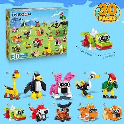 30 Pack Party Favors for Kids, 750 PCS Animals Building Block Toy for Goodie Bag Stuffers, Classroom Student Prizes Easter Gift Children's Day Birthday for Kids Boys Girls Ages 6-12+