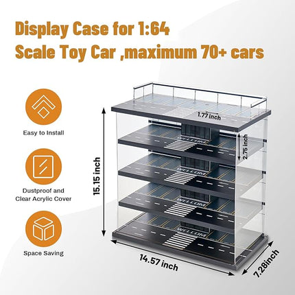 Display Case Compatible with Hot Wheels Garage & Matchbox Cars with LED Light 1/64 Scale Diecast Toy Cars Storage Case 5 Level Holds Max 75 Cars Storage Case for Hot Wheels Garage Gifts for Collector
