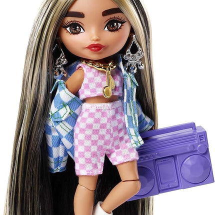Barbie Extra Minis Doll #2 (5.5 in) Wearing Checkered 2-Piece Fashion & Jacket, with Doll Stand & Accessories Including Shutter Sunglasses and Boombox, Gift for Kids 3 Years Old & Up