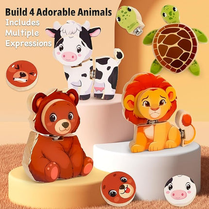HUZU Animal Snap Wooden Building Blocks – Fun & Educational Puzzle Toy for Kids Aged 3-8, Features Cow, Bear, Lion and Turtle, Matching Game with Interchangeable Animal Faces & Emotions