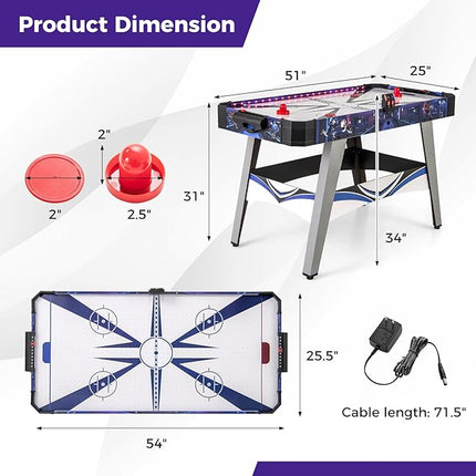 Goplus 54" Air Hockey Table, Hockey Game Table w/LED Scoreboard, Lights, 2 Pucks, 2 Pushers, Powerful 12V Motor, Indoor Powered Arcade Style Table for Kids Adults, Game Room, Home, Office