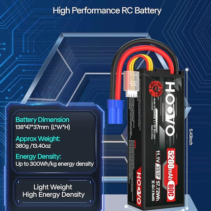 HOOVO 3S 11.1V 80C 5200mAh RC Lipo Battery Hard Case with EC5 Connector for RC Car Boat Truck Heli Airplane UAV Drone FPV Racing (2 Packs)