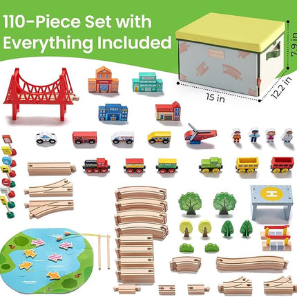 Tiny Land 110pcs Wooden Train Set with Folding Storage Box, Wooden Train Track Toy for Boys & Girls, Age 3-7, Includes Convenient Storage