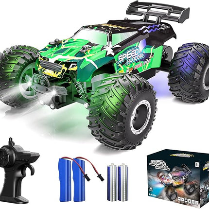 Remote Control Car RC Cars All Terrain Monster Truck, Outdoor 2WD Off Road Hobby RC Truck with 2 Rechargeable Batteries and Colorful Light, 20Km/h Fast RC Car Toys Gift for Kids Boys