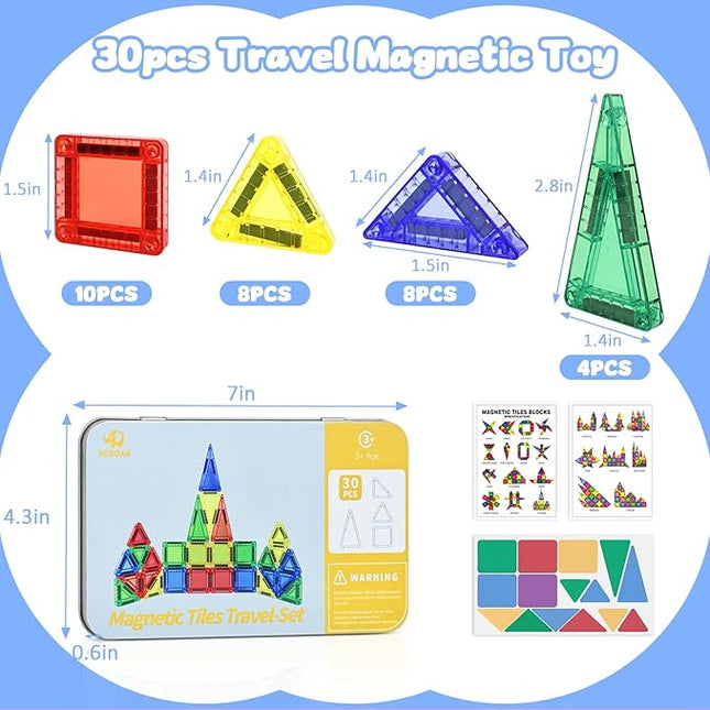 BEBOAN Travel Mini Magnetic Tiles 30PCS for Kids Ages 3+, Portable Travel Toy Essential Building Set Construction Toys with Storage Iron Case for Toddlers 3+ Boys Girls Birthday Gift