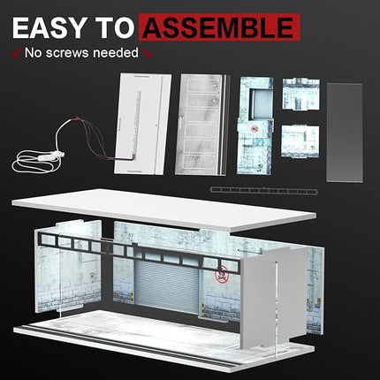 1/64 Scale Diecast Display Case for Hot Wheels Matchbox Cars, Toy Car Model Mini Garage with LED Light and Acrylic Cover, Stackable Parking Lot Diorama Storage for Collection Present