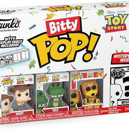 Funko Bitty Pop Toy Story - Woody, Rex, Slinky Dog and A Surprise Mystery Mini Figure - 0.9 Inch (2.2 Cm) Collectable - Stackable Display Shelf Included - Gift Idea - Cake Topper