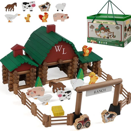 Wondertoys 164 Pcs Wooden Log Set Ranch Real Wood Logs Classic Building Log Ages 3+ Best Retro Farm Building Gift Set Creative Construction Engineering Educational Gifts