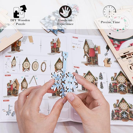 3D Puzzles for Adults Clock-Christmas House Design Model Kit-Mechanical DIY Pendulum Clock with Roman Numerals-Desk Home Office Decor Personalized Gift for DIY Lovers