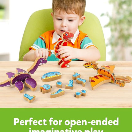 Coogam Dinosaur Snap Together Building Toys, Wooden Take Apart Dinosaur Playset, STEM Montessori Educational Fine Motor Skill Toy Gift for 3 4 5 Years Old Kids
