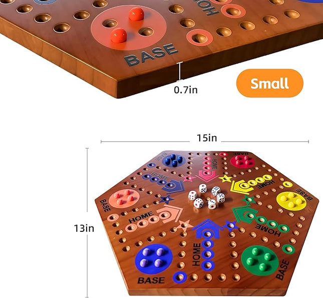 Wooden Board Game, Board Game Original Marble Game Double Sided Painted 2 to 6 Player Fast Track Wooden with 6 Colors 24 Marbles 6 Dice for Adults Kids Family(15 INCH Flame)