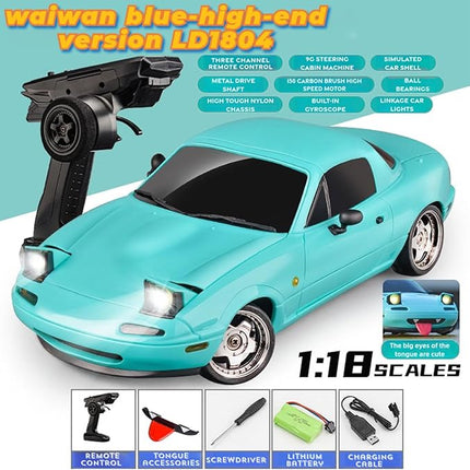 LD1804 RC Drift Car 1:18 Scale Mini MX-5 RWD 2.4GHz Miata RC Vehicles with Gyro and LED Lights for Adults Hobby Toys (Blue)