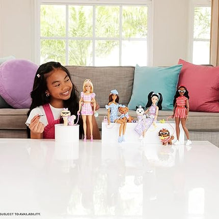 Barbie Twinning Looks Doll with Pet Dog in Matching Blue Polka Dot Clothes and Accessories for Both Like Berets and Purses, Brown Hair