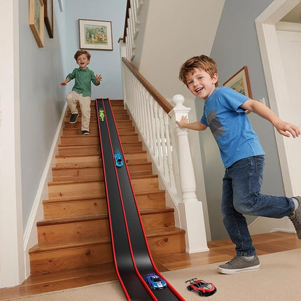 Flex Track 15 Ft Portable Flexible Race Car Track with Strong Suction Cups – Compatible with Hot Wheels & 1/64 Diecast Cars–Easy Storage, Indoor & Outdoor Play Flexible Car Tracks for Kids（Red-Black）