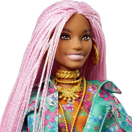 Barbie Extra Doll & Accessories with Long Pink Braids in Teal Floral Jacket & 2-Piece Floral Outfit with DJ Pet Mouse