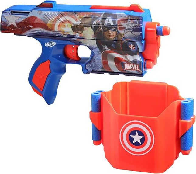Nerf Marvel Captain America Dart Blaster, 10 Elite Darts, Holster, Toy Foam Blasters for 8 Year Old Boys & Girls & Up