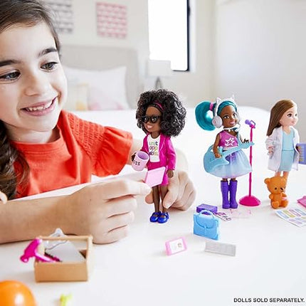 Barbie Chelsea Can Be Anything Doll & Playset, Brunette Boss Small Doll with Curly Hair, Outfit & 7 Career Accessories